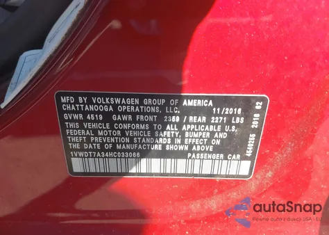 2017 Volkswagen Passat 1.8T R-Line из США, поврежденный, VIN 1VWDT7A34HC033066